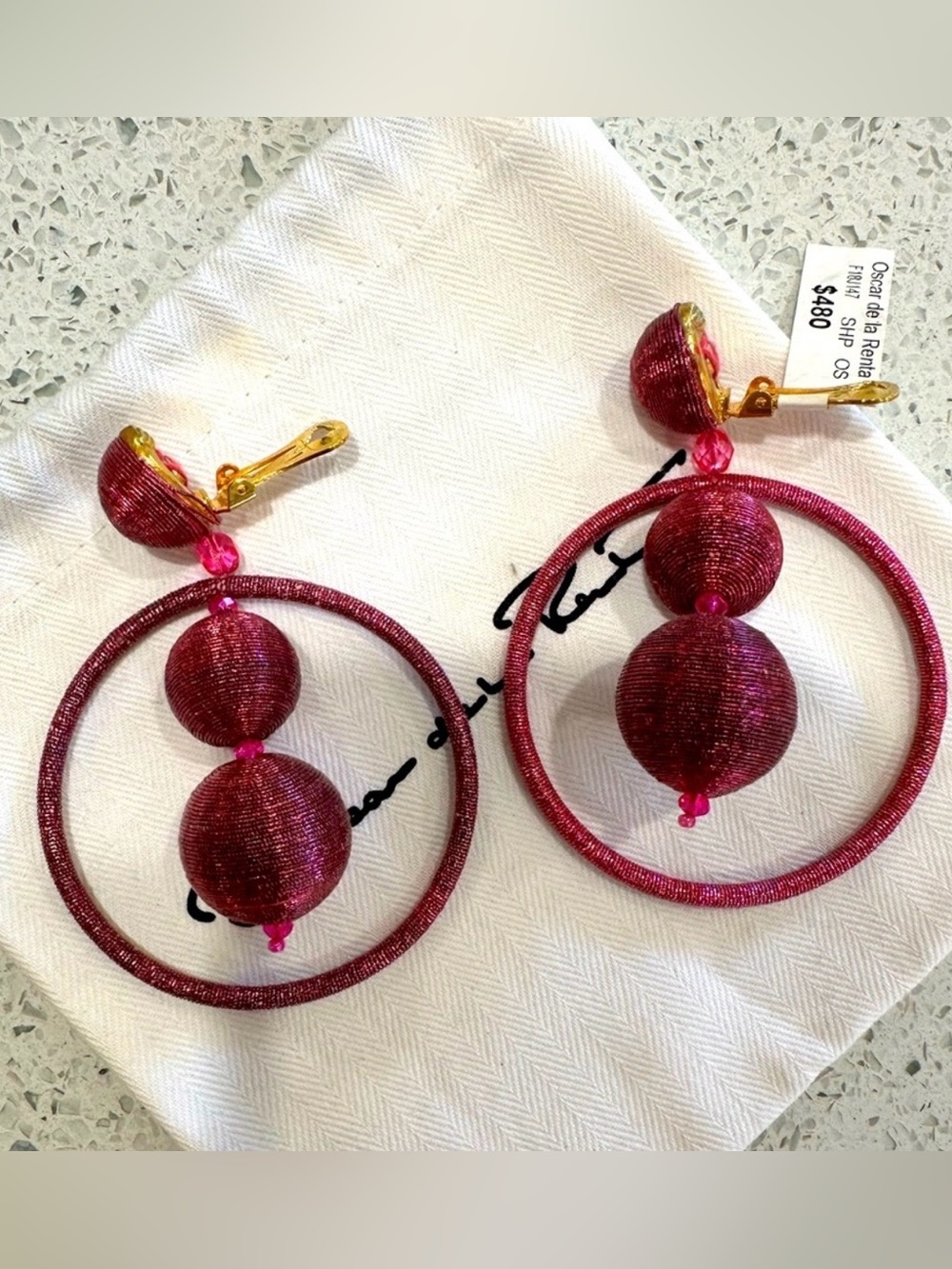 Oscar De La Renta Pink Double Beaded Ball Hoop Earrings. NWT